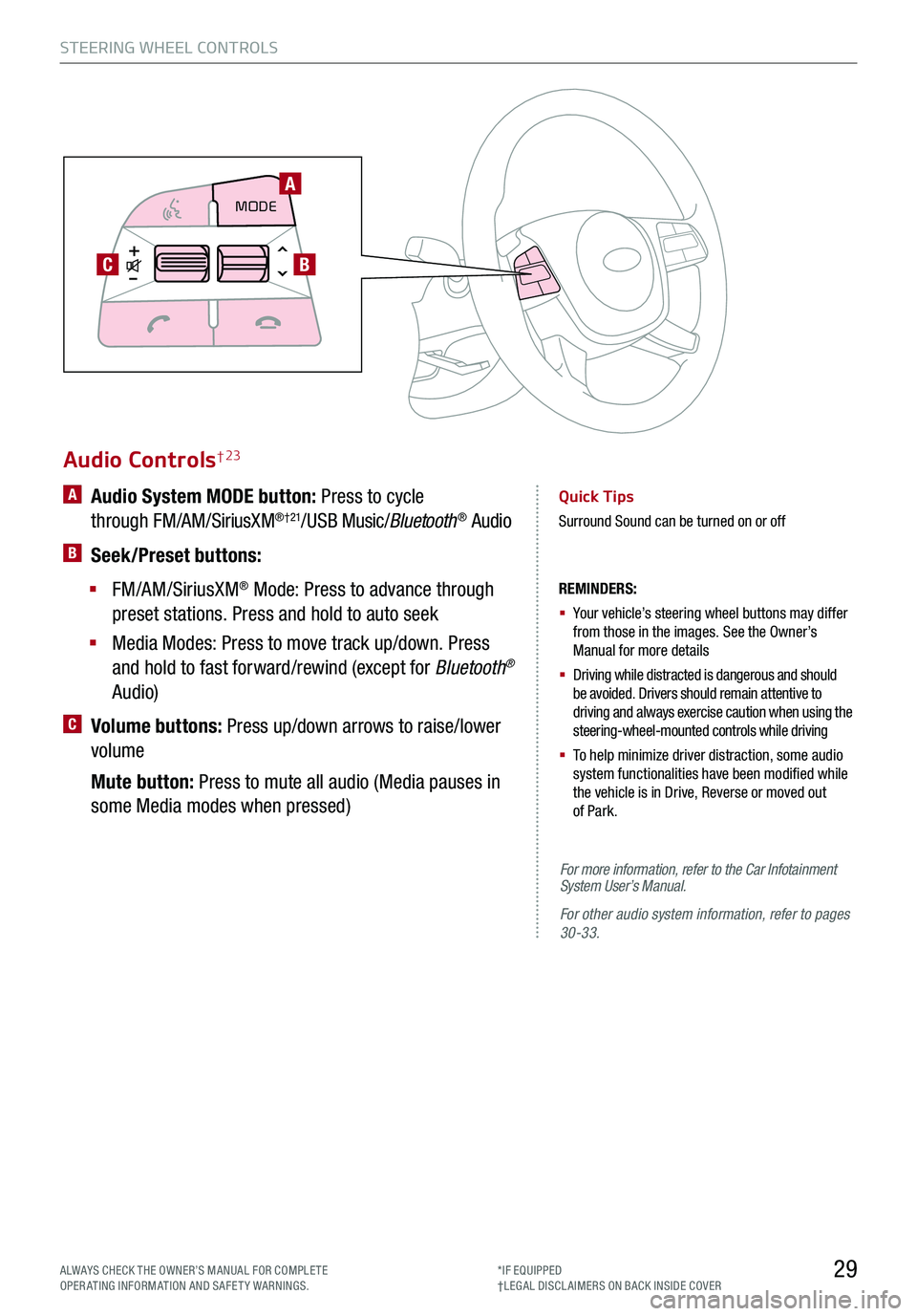KIA TELLURIDE 2020 Features and Functions Guide 29ALWAYS CHECK THE OWNER’S MANUAL FOR COMPLE TE OPERATING INFORMATION AND SAFETY WARNINGS.*IF EQUIPPED†LEG AL DISCL AIMERS ON BACK INSIDE COVER
STEERING WHEEL CONTROLS
Audio Controls† 23
REMIND KIA TELLURIDE 2020 Features and Functions Guide 29ALWAYS CHECK THE OWNER’S MANUAL FOR COMPLE TE OPERATING INFORMATION AND SAFETY WARNINGS.*IF EQUIPPED†LEG AL DISCL AIMERS ON BACK INSIDE COVER
STEERING WHEEL CONTROLS
Audio Controls† 23
REMIND