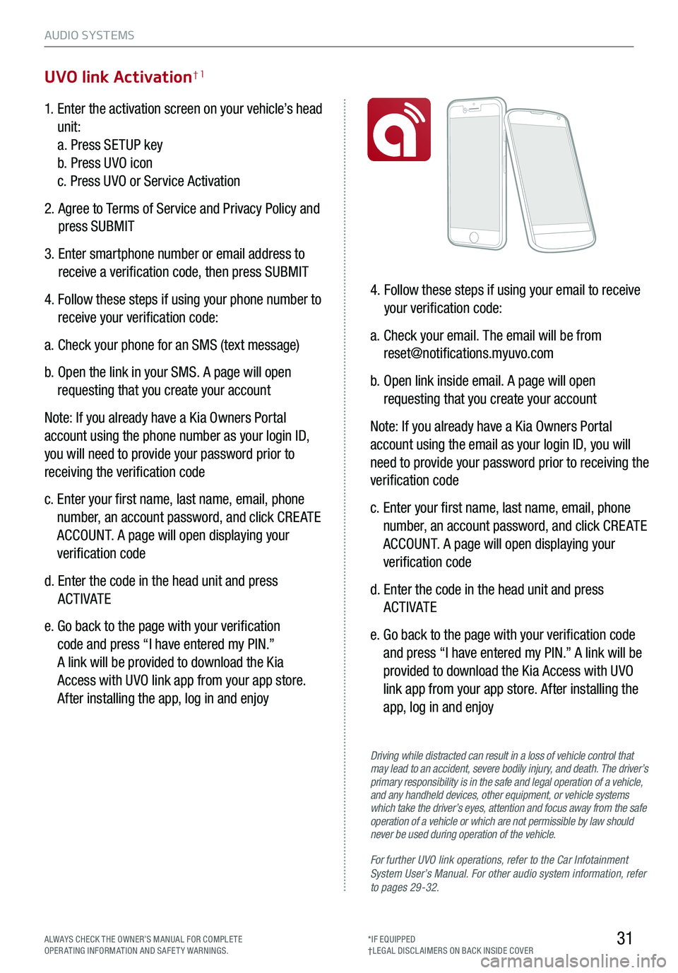 KIA TELLURIDE 2020 Features and Functions Guide 31
AUDIO SYSTEMS
ALWAYS CHECK THE OWNER’S MANUAL FOR COMPLE TE OPERATING INFORMATION AND SAFETY WARNINGS.*IF EQUIPPED†LEG AL DISCL AIMERS ON BACK INSIDE COVER
1. Enter the activation screen on y KIA TELLURIDE 2020 Features and Functions Guide 31
AUDIO SYSTEMS
ALWAYS CHECK THE OWNER’S MANUAL FOR COMPLE TE OPERATING INFORMATION AND SAFETY WARNINGS.*IF EQUIPPED†LEG AL DISCL AIMERS ON BACK INSIDE COVER
1. Enter the activation screen on y