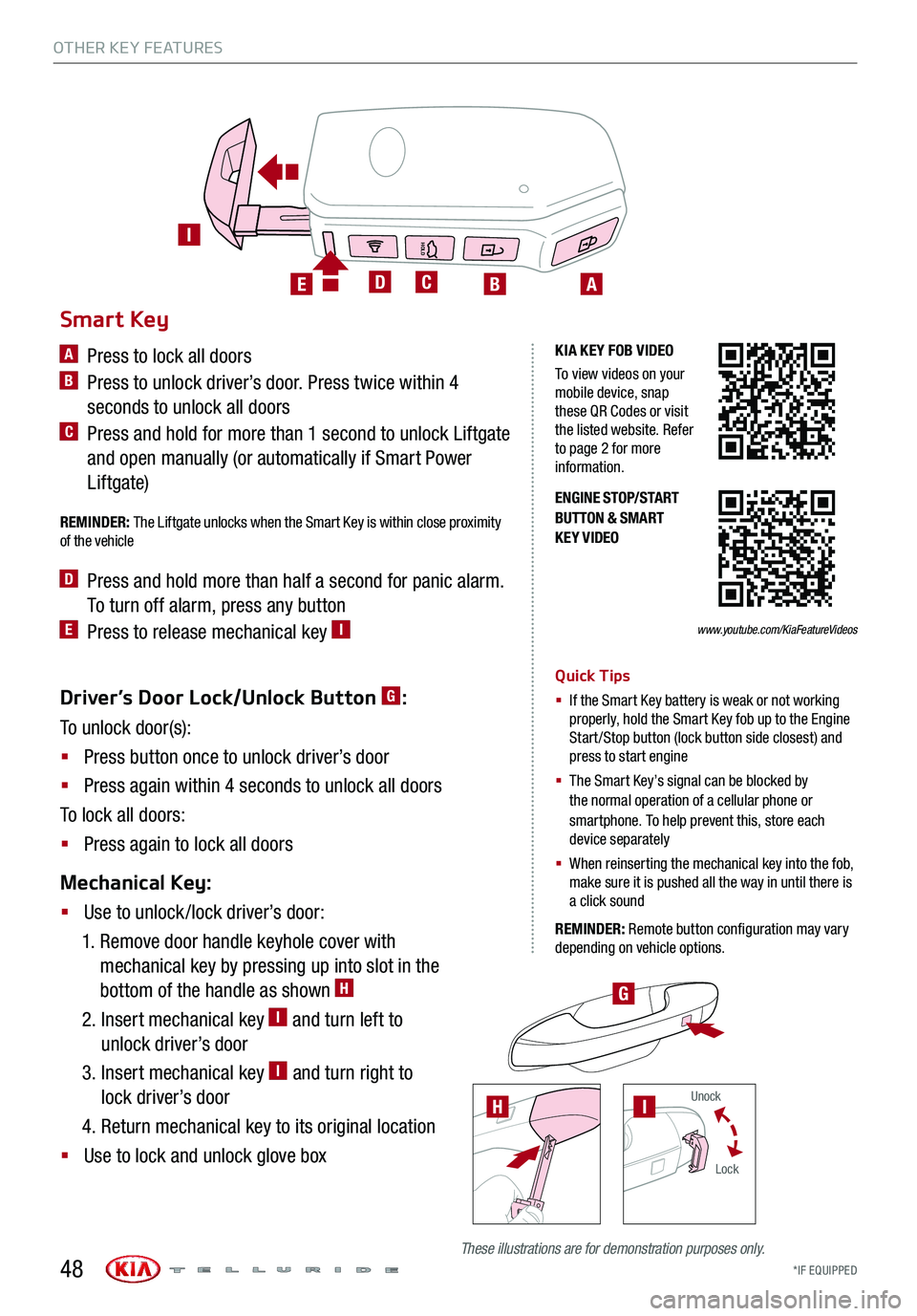 KIA TELLURIDE 2020 Features and Functions Guide HOLD
HOLD
OTHER KEY FEATURES
*IF EQUIPPED 48
Driver’s Door Lock/Unlock Button G:
To unlock door(s):
§ Press button once to unlock driver’s door
§ Press again within 4 seconds to unlock all door KIA TELLURIDE 2020 Features and Functions Guide HOLD
HOLD
OTHER KEY FEATURES
*IF EQUIPPED 48
Driver’s Door Lock/Unlock Button G:
To unlock door(s):
§ Press button once to unlock driver’s door
§ Press again within 4 seconds to unlock all door