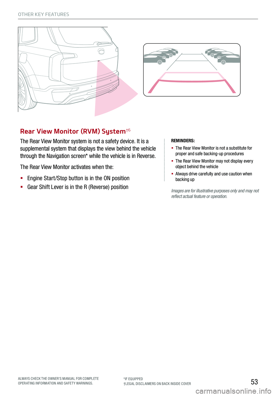 KIA TELLURIDE 2020 Features and Functions Guide 53
OTHER KEY FEATURES
Rear View Monitor (RVM) System†6
The Rear View Monitor system is not a safety device. It is a
supplemental system that displays the view behind the vehicle
through the Naviga KIA TELLURIDE 2020 Features and Functions Guide 53
OTHER KEY FEATURES
Rear View Monitor (RVM) System†6
The Rear View Monitor system is not a safety device. It is a
supplemental system that displays the view behind the vehicle
through the Naviga