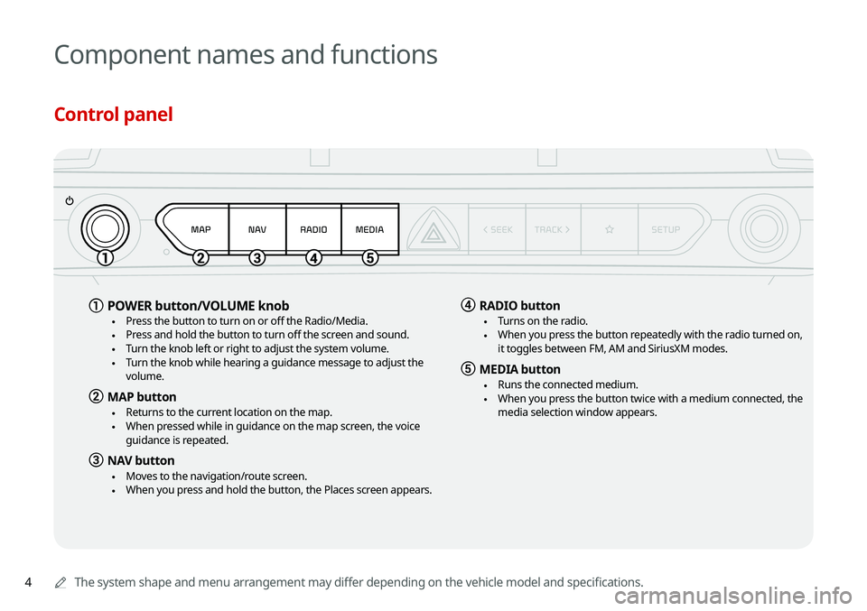 KIA TELLURIDE 2020 Navigation System Quick Reference Guide 4
Component names and functions
Control panel
0000AThe system shape and menu arrangement may differ depending on the vehicle model and specifications.
a POWER button/VOLUME knob
\225Press the button KIA TELLURIDE 2020 Navigation System Quick Reference Guide 4
Component names and functions
Control panel
0000AThe system shape and menu arrangement may differ depending on the vehicle model and specifications.
a POWER button/VOLUME knob
\225Press the button