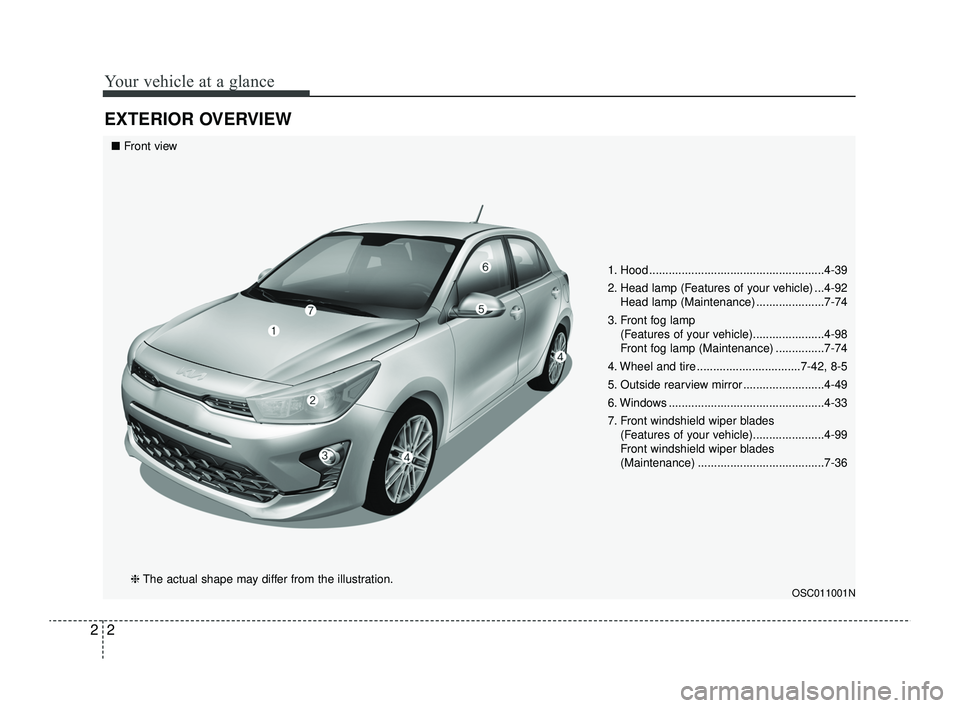 KIA RIO 2022 User Guide Your vehicle at a glance
22
EXTERIOR OVERVIEW
1. Hood ......................................................4-39
2. Head lamp (Features of your vehicle) ...4-92Head lamp (Maintenance) ................ KIA RIO 2022 User Guide Your vehicle at a glance
22
EXTERIOR OVERVIEW
1. Hood ......................................................4-39
2. Head lamp (Features of your vehicle) ...4-92Head lamp (Maintenance) ................