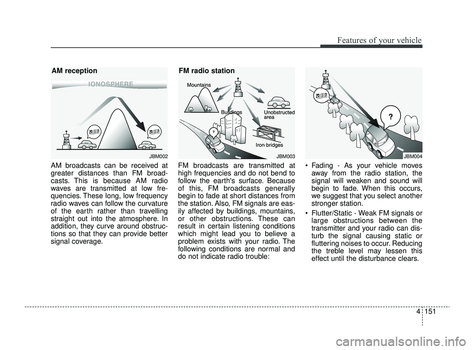 KIA RIO 2022 Owners Manual 4151
Features of your vehicle
AM broadcasts can be received at
greater distances than FM broad-
casts. This is because AM radio
waves are transmitted at low fre-
quencies. These long, low frequency
ra KIA RIO 2022 Owners Manual 4151
Features of your vehicle
AM broadcasts can be received at
greater distances than FM broad-
casts. This is because AM radio
waves are transmitted at low fre-
quencies. These long, low frequency
ra
