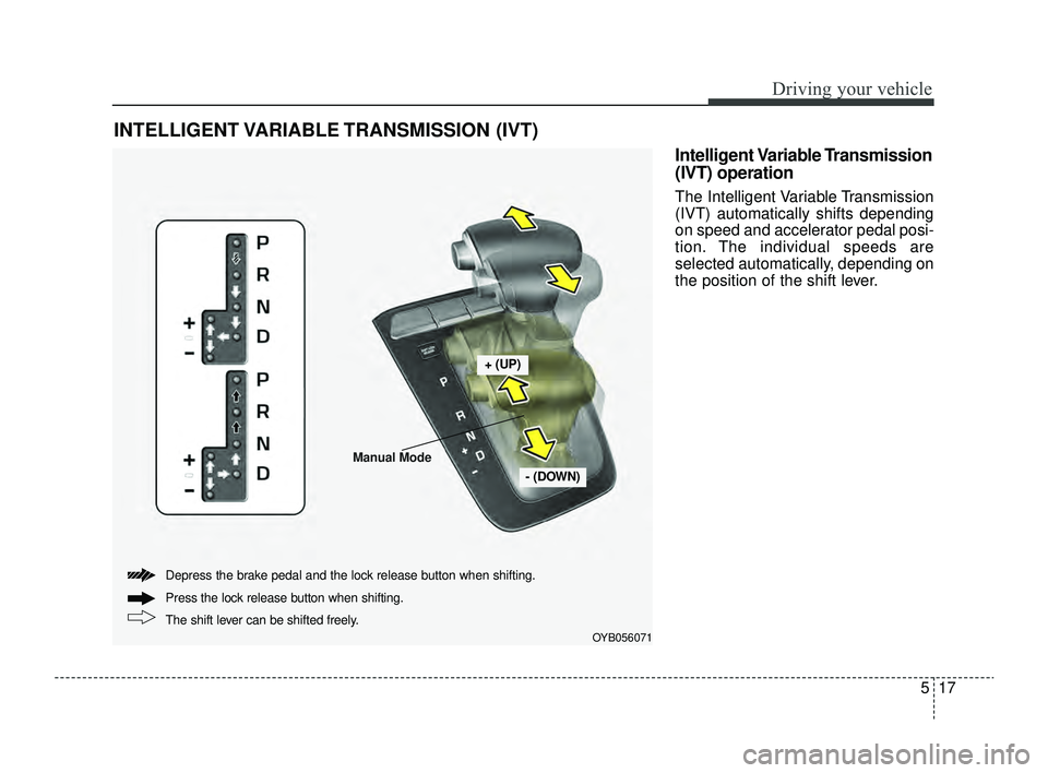 KIA RIO 2022 Owners Manual 517
Driving your vehicle
Intelligent Variable Transmission
(IVT) operation
The Intelligent Variable Transmission
(IVT) automatically shifts depending
on speed and accelerator pedal posi-
tion. The ind KIA RIO 2022 Owners Manual 517
Driving your vehicle
Intelligent Variable Transmission
(IVT) operation
The Intelligent Variable Transmission
(IVT) automatically shifts depending
on speed and accelerator pedal posi-
tion. The ind
