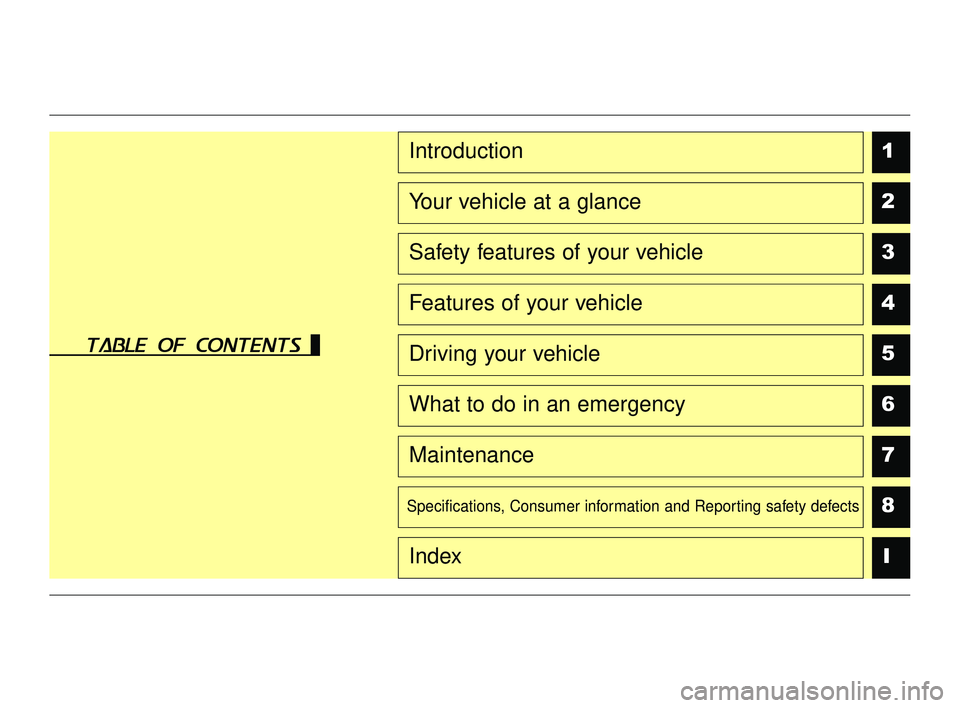 KIA RIO 2022  Owners Manual table of contents
1
2
3
4
5
6
7
8I
Introduction
Your vehicle at a glance
Safety features of your vehicle
Features of your vehicle
Driving your vehicle
What to do in an emergency
Maintenance
Specificat