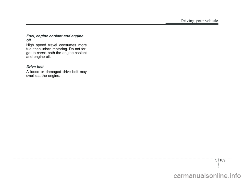 KIA RIO 2022  Owners Manual 5109
Driving your vehicle
Fuel, engine coolant and engineoil
High speed travel consumes more
fuel than urban motoring. Do not for-
get to check both the engine coolant
and engine oil.
Drive belt
A loo