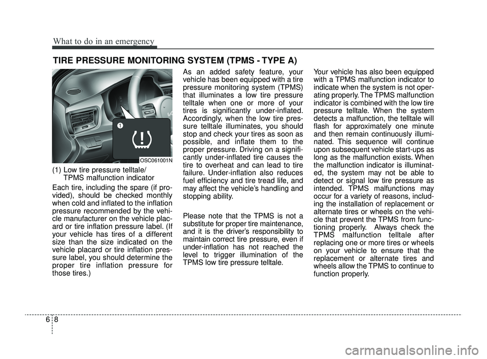 KIA RIO 2022  Owners Manual What to do in an emergency
86
TIRE PRESSURE MONITORING SYSTEM (TPMS - TYPE A)
(1) Low tire pressure telltale/TPMS malfunction indicator
Each tire, including the spare (if pro-
vided), should be checke