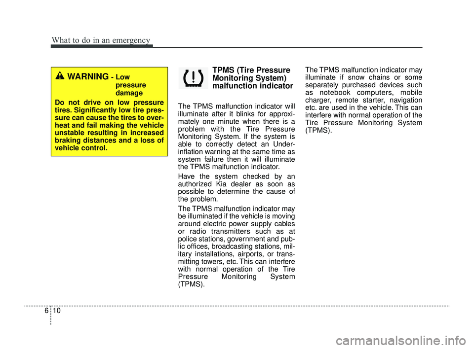 KIA RIO 2022  Owners Manual What to do in an emergency
10
6
TPMS (Tire Pressure
Monitoring System)
malfunction indicator
The TPMS malfunction indicator will
illuminate after it blinks for approxi-
mately one minute when there is