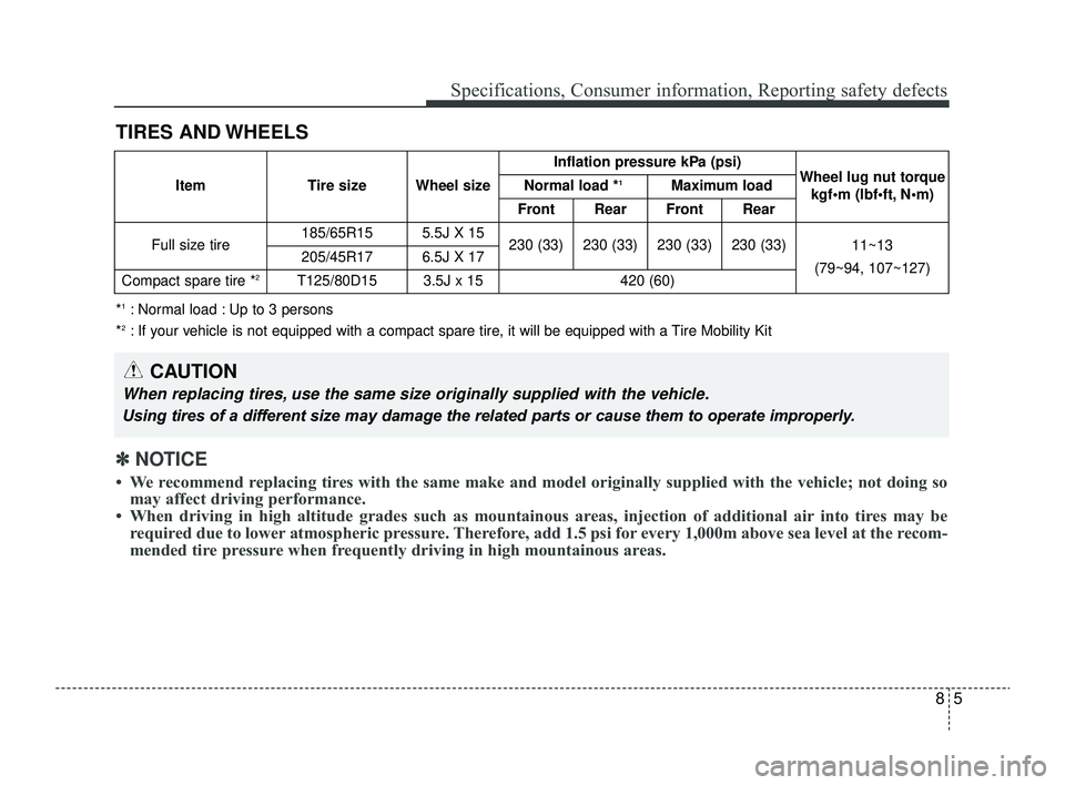 KIA RIO 2022 Owners Manual 85
Specifications, Consumer information, Reporting safety defects
TIRES AND WHEELS
CAUTION
When replacing tires, use the same size originally supplied with the vehicle.
Using tires of a different size KIA RIO 2022 Owners Manual 85
Specifications, Consumer information, Reporting safety defects
TIRES AND WHEELS
CAUTION
When replacing tires, use the same size originally supplied with the vehicle.
Using tires of a different size