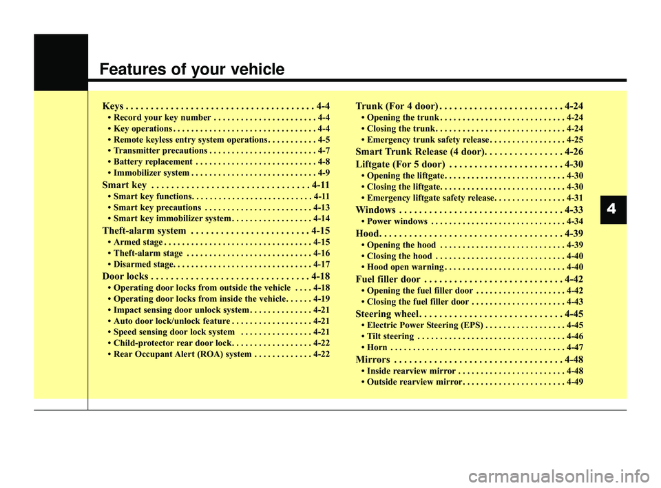 KIA RIO 2022  Owners Manual Features of your vehicle
Keys . . . . . . . . . . . . . . . . . . . . . . . . . . . . . . . . . . . . \
. . 4-4
• Record your key number . . . . . . . . . . . . . . . . . . . . . . . 4-4
• Key ope