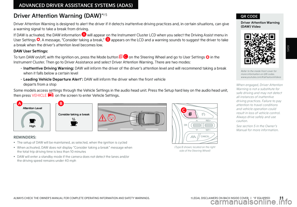 KIA RIO 2022 Features and Functions Guide 11†LEGAL DISCL AIMERS ON BACK INSIDE COVER | *IF EQUIPPEDALWAYS CHECK THE OWNER ’S MANUAL FOR COMPLETE OPER ATING INFORMATION AND SAFET Y WARNINGS .
ADVANCED DRIVER ASSISTANCE SYSTEMS (ADAS)
KIA RIO 2022 Features and Functions Guide 11†LEGAL DISCL AIMERS ON BACK INSIDE COVER | *IF EQUIPPEDALWAYS CHECK THE OWNER ’S MANUAL FOR COMPLETE OPER ATING INFORMATION AND SAFET Y WARNINGS .
ADVANCED DRIVER ASSISTANCE SYSTEMS (ADAS)