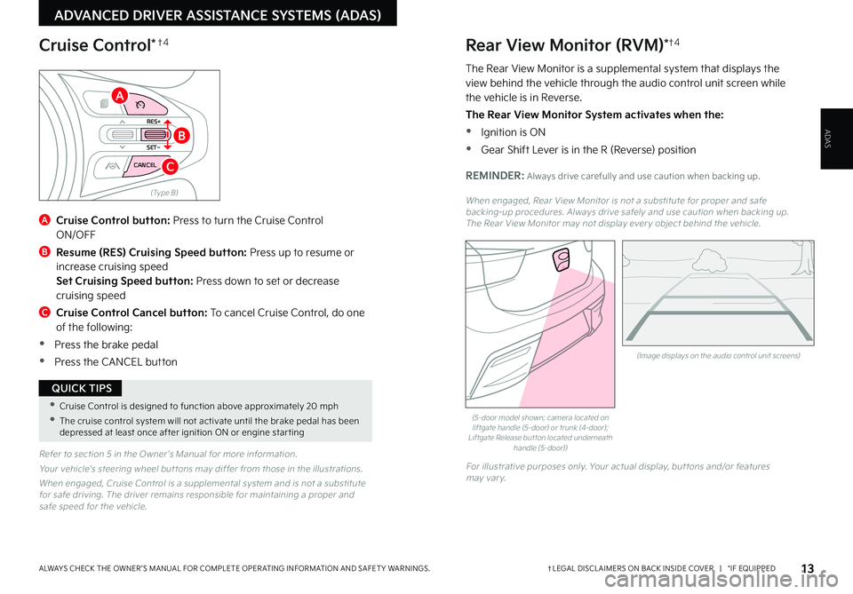 KIA RIO 2022 Features and Functions Guide 13†LEGAL DISCL AIMERS ON BACK INSIDE COVER | *IF EQUIPPEDALWAYS CHECK THE OWNER ’S MANUAL FOR COMPLETE OPER ATING INFORMATION AND SAFET Y WARNINGS .
ADVANCED DRIVER ASSISTANCE SYSTEMS (ADAS)
KIA RIO 2022 Features and Functions Guide 13†LEGAL DISCL AIMERS ON BACK INSIDE COVER | *IF EQUIPPEDALWAYS CHECK THE OWNER ’S MANUAL FOR COMPLETE OPER ATING INFORMATION AND SAFET Y WARNINGS .
ADVANCED DRIVER ASSISTANCE SYSTEMS (ADAS)
