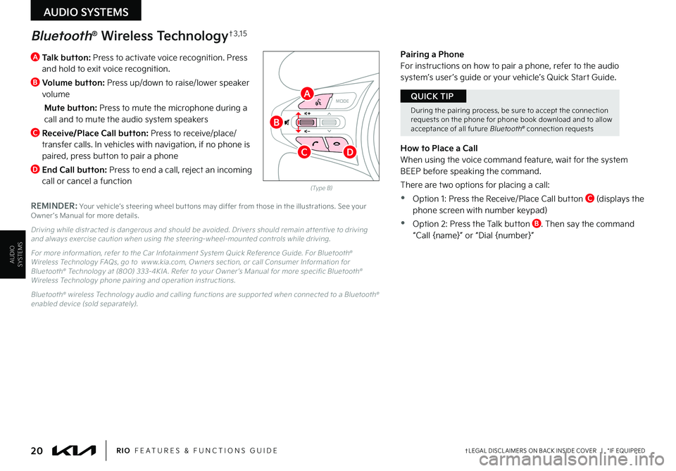 KIA RIO 2022 Features and Functions Guide 20†LEGAL DISCL AIMERS ON BACK INSIDE COVER | *IF EQUIPPEDRIO FEATURES & FUNCTIONS GUIDE
AUDIO SYSTEMS
AUDIOSYSTEMS
A T a l k b u t t o n : Press to activate voice recognition . Press and KIA RIO 2022 Features and Functions Guide 20†LEGAL DISCL AIMERS ON BACK INSIDE COVER | *IF EQUIPPEDRIO FEATURES & FUNCTIONS GUIDE
AUDIO SYSTEMS
AUDIOSYSTEMS
A T a l k b u t t o n : Press to activate voice recognition . Press and