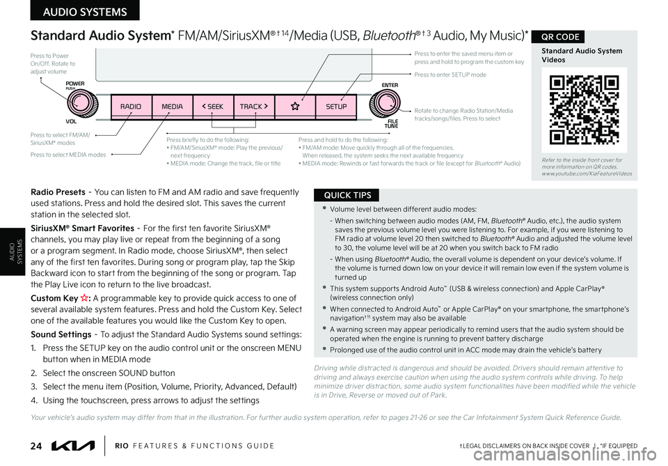 KIA RIO 2022 Features and Functions Guide 24†LEGAL DISCL AIMERS ON BACK INSIDE COVER | *IF EQUIPPEDRIO FEATURES & FUNCTIONS GUIDE
AUDIO SYSTEMS
AUDIOSYSTEMS
Radio Presets – You can listen to FM and AM radio and save frequently used s KIA RIO 2022 Features and Functions Guide 24†LEGAL DISCL AIMERS ON BACK INSIDE COVER | *IF EQUIPPEDRIO FEATURES & FUNCTIONS GUIDE
AUDIO SYSTEMS
AUDIOSYSTEMS
Radio Presets – You can listen to FM and AM radio and save frequently used s