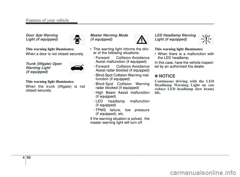 KIA RIO 2021  Owners Manual Features of your vehicle
86
4
Door Ajar Warning
Light (if equipped)
This warning light illuminates:
When a door is not closed securely.
Trunk (liftgate) OpenWarning Light(if equipped)
This warning lig