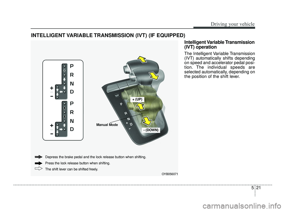 KIA RIO 2021  Owners Manual 521
Driving your vehicle
Intelligent Variable Transmission
(IVT) operation
The Intelligent Variable Transmission
(IVT) automatically shifts depending
on speed and accelerator pedal posi-
tion. The ind
