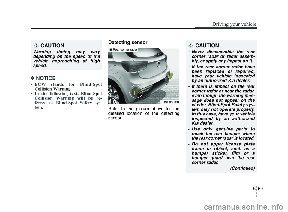 KIA RIO 2021  Owners Manual 569
Driving your vehicle
✽ ✽NOTICE
• BCW stands for Blind-Spot
Collision Warning.
• In the following text, Blind-Spot Collision Warning will be re-
ferred as Blind-Spot Safety sys-
tem.
Detect