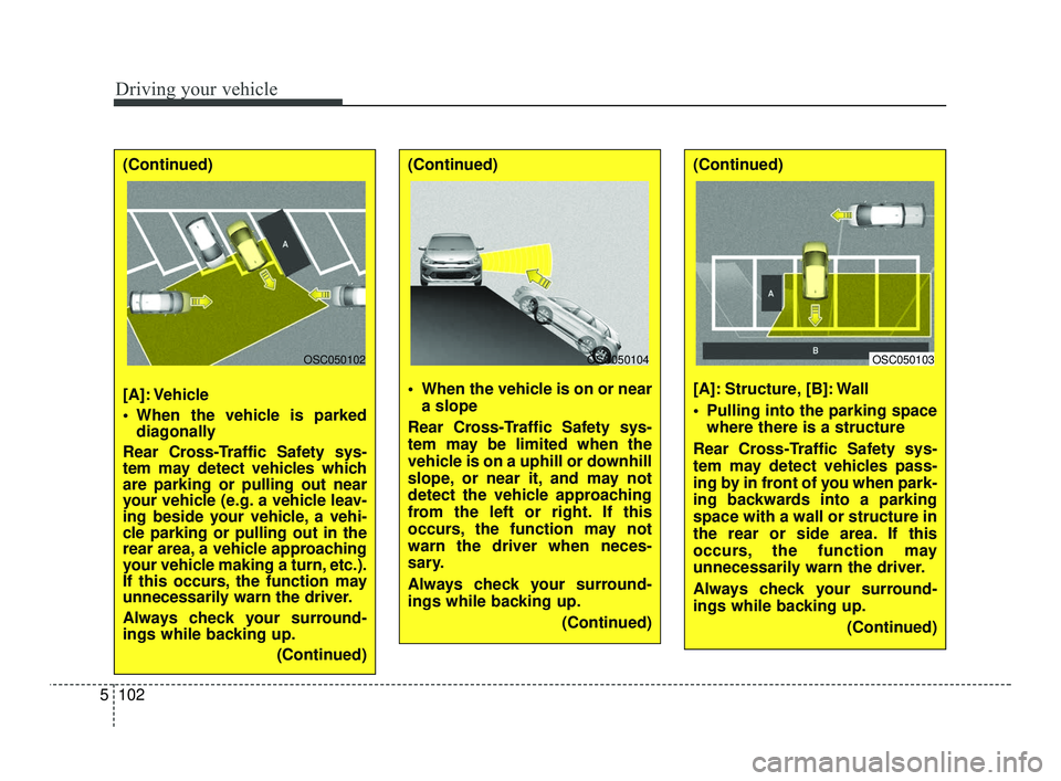 KIA RIO 2021  Owners Manual Driving your vehicle
102
5
(Continued)
[A]: Structure, [B]: Wall
 Pulling into the parking space
where there is a structure
Rear Cross-Traffic Safety sys-
tem may detect vehicles pass-
ing by in front
