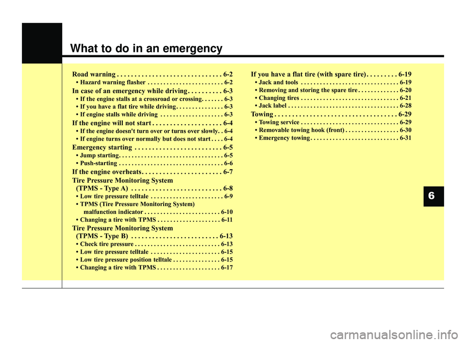 KIA RIO 2021  Owners Manual What to do in an emergency
Road warning . . . . . . . . . . . . . . . . . . . . . . . . . . . . . . 6-2
• Hazard warning flasher . . . . . . . . . . . . . . . . . . . . . . . . 6-2
In case of an eme