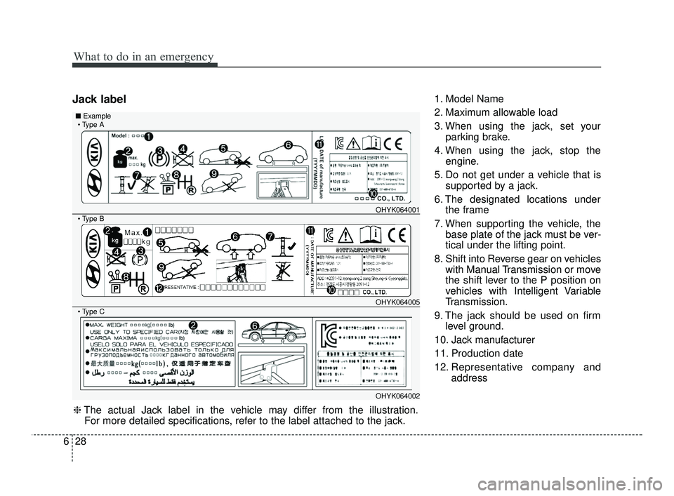 KIA RIO 2021 Owners Manual What to do in an emergency
28
6
Jack label1. Model Name
2. Maximum allowable load
3. When using the jack, set your
parking brake.
4. When using the jack, stop the engine.
5. Do not get under a vehicle KIA RIO 2021 Owners Manual What to do in an emergency
28
6
Jack label1. Model Name
2. Maximum allowable load
3. When using the jack, set your
parking brake.
4. When using the jack, stop the engine.
5. Do not get under a vehicle