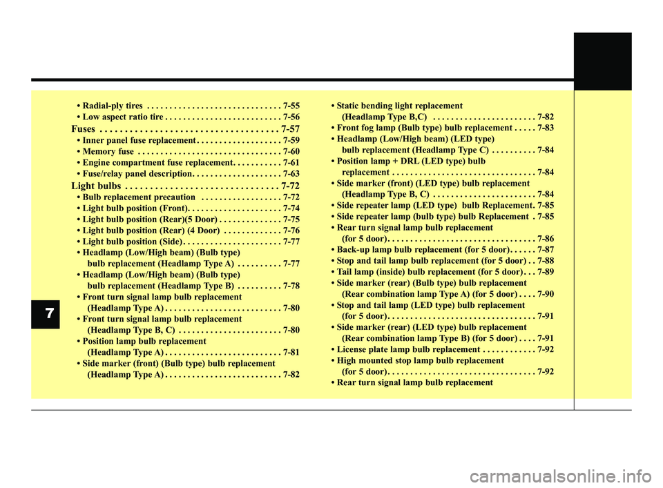 KIA RIO 2021  Owners Manual • Radial-ply tires . . . . . . . . . . . . . . . . . . . . . . . . . . . . . . 7-55
• Low aspect ratio tire . . . . . . . . . . . . . . . . . . . . . . . . . . 7-56
Fuses . . . . . . . . . . . . .