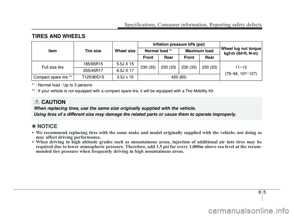 KIA RIO 2021 Owners Manual 85
Specifications, Consumer information, Reporting safety defects
TIRES AND WHEELS
CAUTION
When replacing tires, use the same size originally supplied with the vehicle.
Using tires of a different size KIA RIO 2021 Owners Manual 85
Specifications, Consumer information, Reporting safety defects
TIRES AND WHEELS
CAUTION
When replacing tires, use the same size originally supplied with the vehicle.
Using tires of a different size