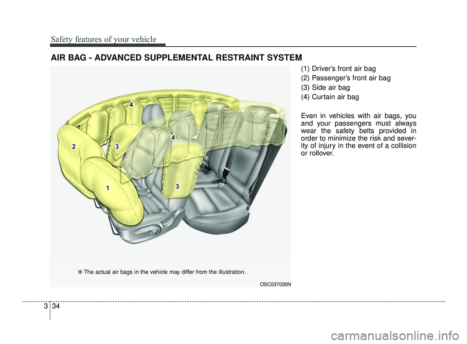 KIA RIO 2021 Workshop Manual Safety features of your vehicle
34
3
(1) Driver’s front air bag
(2) Passenger’s front air bag
(3) Side air bag
(4) Curtain air bag
Even in vehicles with air bags, you
and your passengers must alwa KIA RIO 2021 Workshop Manual Safety features of your vehicle
34
3
(1) Driver’s front air bag
(2) Passenger’s front air bag
(3) Side air bag
(4) Curtain air bag
Even in vehicles with air bags, you
and your passengers must alwa
