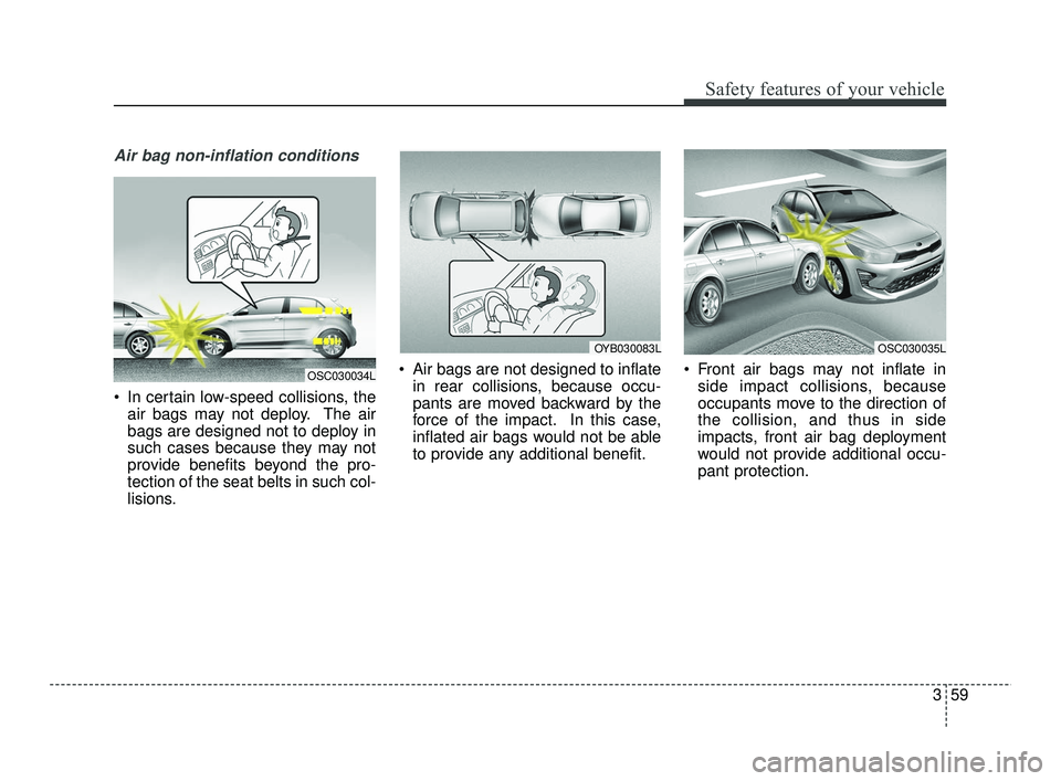KIA RIO 2021 Manual PDF 359
Safety features of your vehicle
Air bag non-inflation conditions
In certain low-speed collisions, theair bags may not deploy. The air
bags are designed not to deploy in
such cases because they ma KIA RIO 2021 Manual PDF 359
Safety features of your vehicle
Air bag non-inflation conditions
In certain low-speed collisions, theair bags may not deploy. The air
bags are designed not to deploy in
such cases because they ma