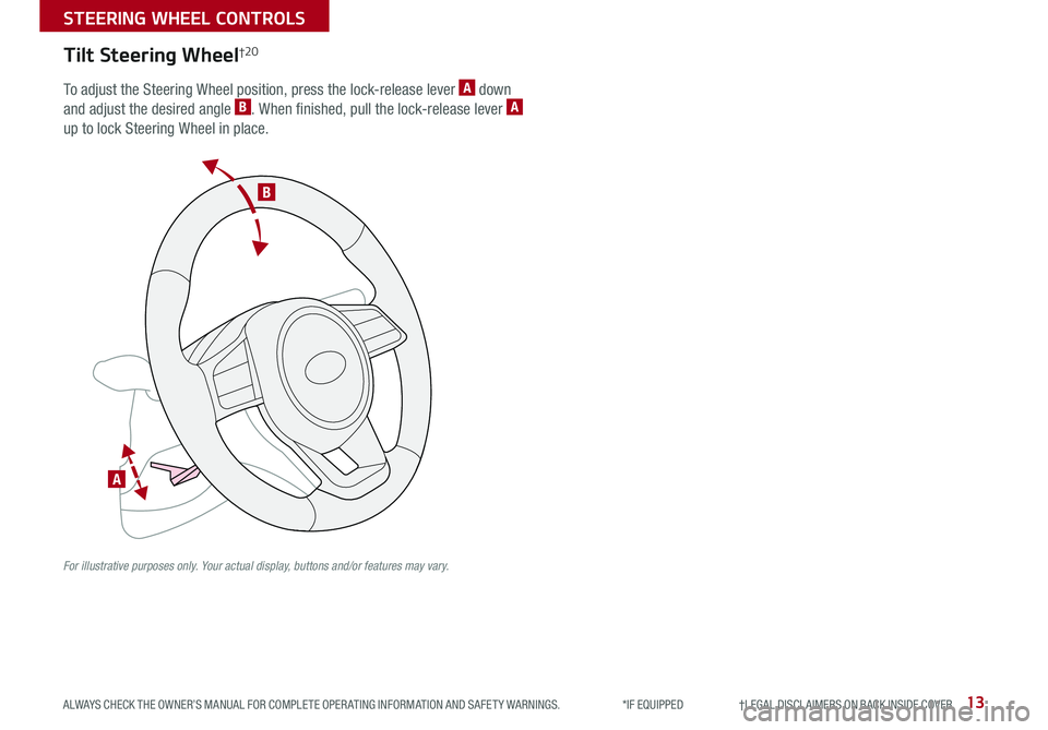 KIA RIO 2020 Features and Functions Guide 13
STEERING WHEEL CONTROLS
ALWAYS CHECK THE OWNER’S MANUAL FOR COMPLETE OPER ATING INFORMATION AND SAFET Y WARNINGS . *IF EQUIPPED †LEGAL DISCL AIMERS ON BACK INSIDE COVER
A
B KIA RIO 2020 Features and Functions Guide 13
STEERING WHEEL CONTROLS
ALWAYS CHECK THE OWNER’S MANUAL FOR COMPLETE OPER ATING INFORMATION AND SAFET Y WARNINGS . *IF EQUIPPED †LEGAL DISCL AIMERS ON BACK INSIDE COVER
A
B