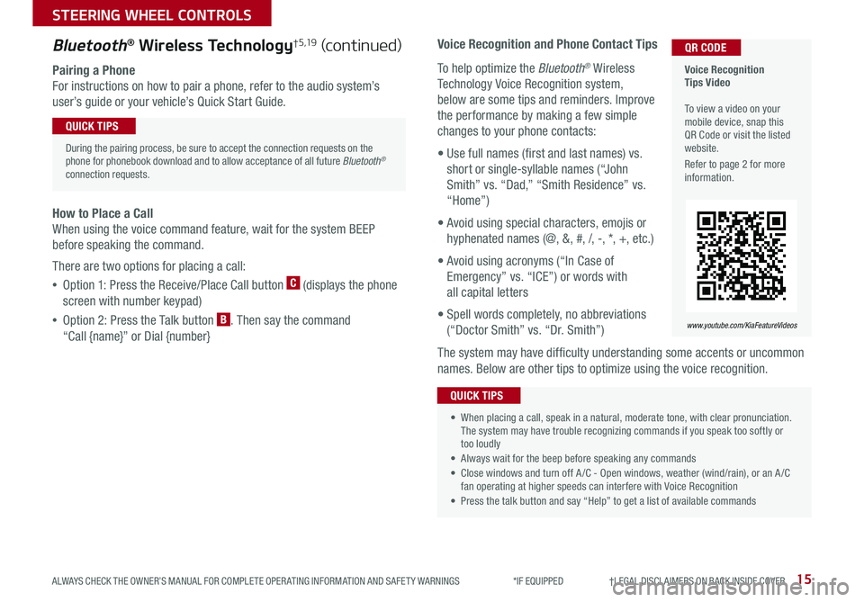 KIA RIO 2019 Features and Functions Guide 15
STEERING WHEEL CONTROLS
ALWAYS CHECK THE OWNER’S MANUAL FOR COMPLETE OPER ATING INFORMATION AND SAFET Y WARNINGS *IF EQUIPPED †LEGAL DISCL AIMERS ON BACK INSIDE COVER
Voice KIA RIO 2019 Features and Functions Guide 15
STEERING WHEEL CONTROLS
ALWAYS CHECK THE OWNER’S MANUAL FOR COMPLETE OPER ATING INFORMATION AND SAFET Y WARNINGS *IF EQUIPPED †LEGAL DISCL AIMERS ON BACK INSIDE COVER
Voice