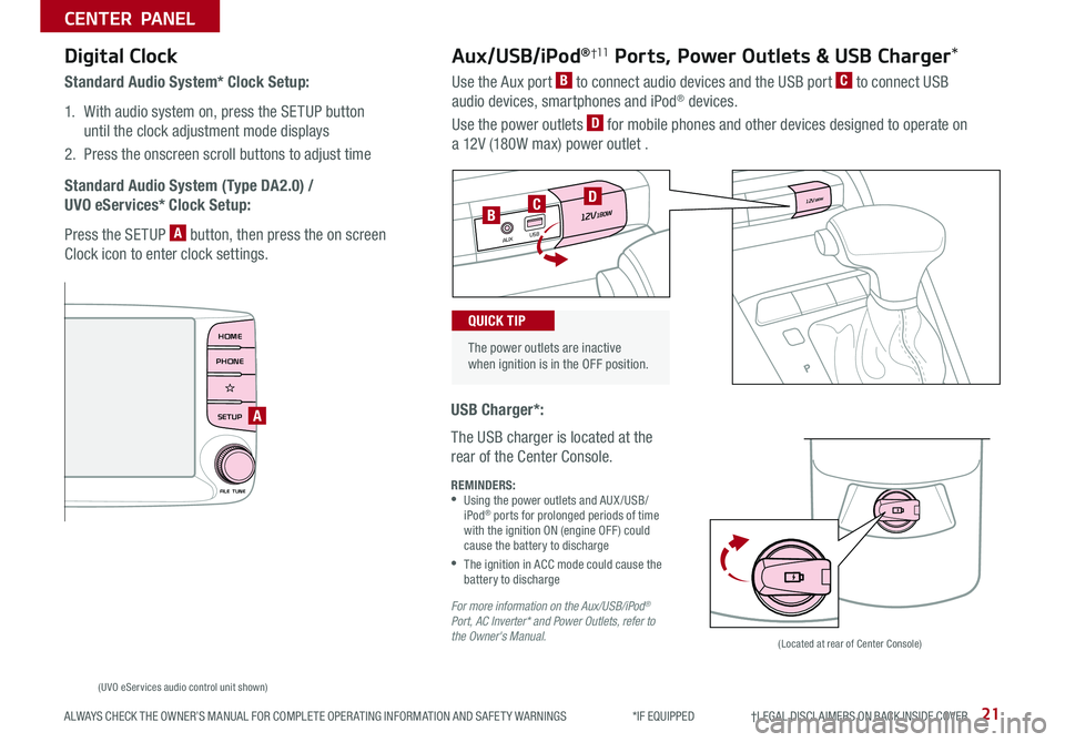 KIA RIO 2019  Features and Functions Guide 21
CENTER PANEL
ALWAYS CHECK THE OWNER’S MANUAL FOR COMPLETE OPER ATING INFORMATION AND SAFET Y WARNINGS  *IF EQUIPPED                     †LEGAL DISCL AIMERS ON BACK INSIDE COVER
RADIO
CD-INMAP
M