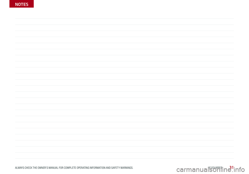 KIA RIO 2019 Features and Functions Guide 31ALWAYS CHECK THE OWNER’S MANUAL FOR COMPLETE OPER ATING INFORMATION AND SAFET Y WARNINGS . *IF EQUIPPED
NOTES KIA RIO 2019 Features and Functions Guide 31ALWAYS CHECK THE OWNER’S MANUAL FOR COMPLETE OPER ATING INFORMATION AND SAFET Y WARNINGS . *IF EQUIPPED
NOTES