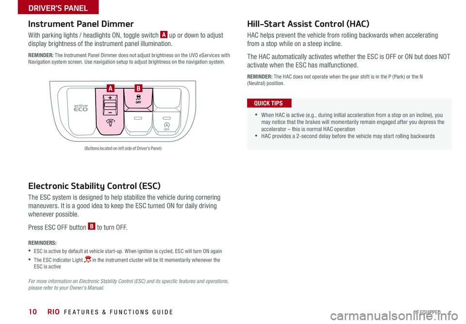 KIA RIO 2017  Features and Functions Guide 10
Hill-Start Assist Control (HAC)
HAC helps prevent the vehicle from rolling backwards when accelerating 
from a stop while on a steep incline .
The HAC automatically activates whether the ESC is OFF