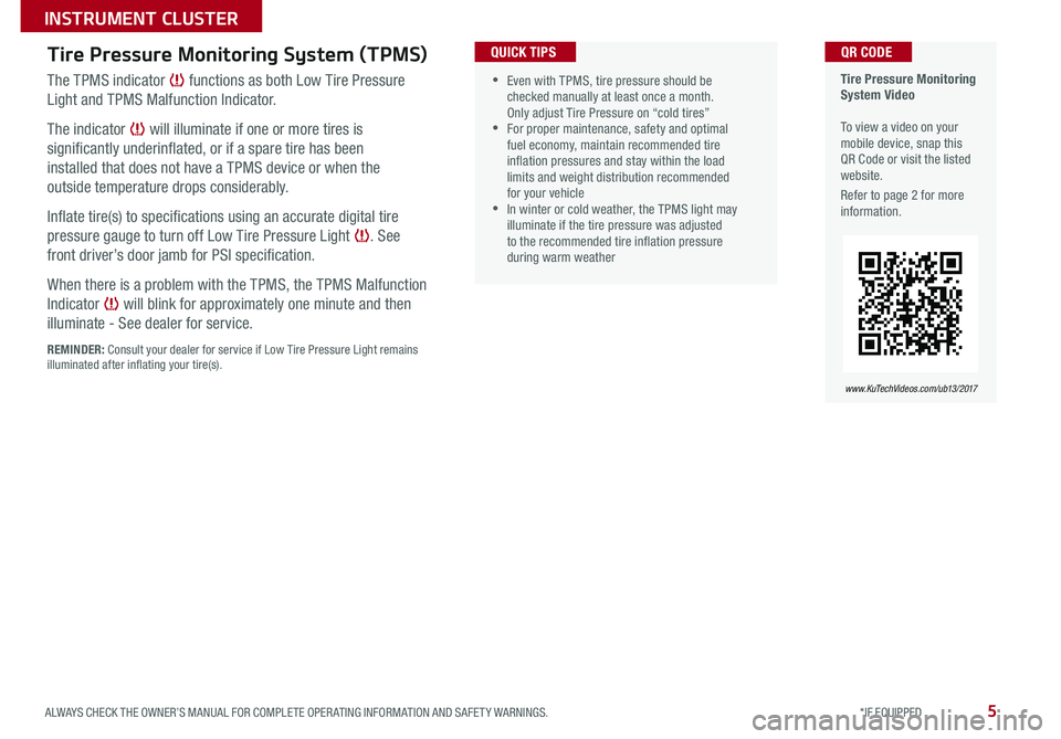 KIA RIO 2017  Features and Functions Guide 5
 
 •Even with TPMS, tire pressure should be checked manually at least once a month . Only adjust Tire Pressure on “cold tires” •For proper maintenance, safety and optimal fuel economy, maint