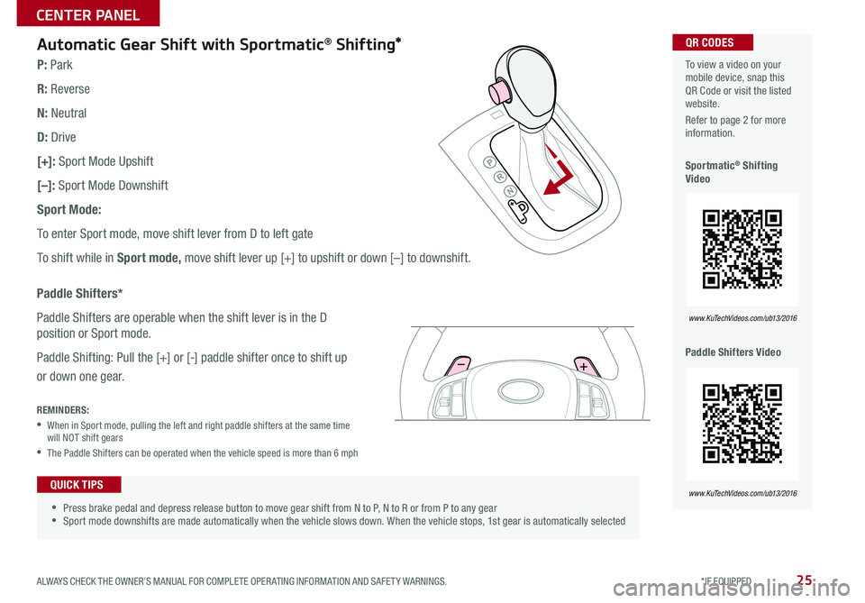 KIA RIO 2016  Features and Functions Guide 25
  Automatic Gear Shift with Sportmatic® Shifting*
 
 •Press brake pedal and depress release button to move gear shift from N to P, N to R or from P to any gear •Sport mode downshifts are made 