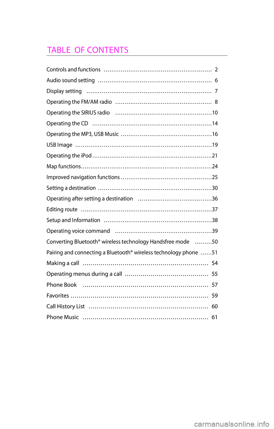 KIA RIO 2016  Navigation System Quick Reference Guide TABLE  OF CONTENTS
Controls and functions  ………………………………………………\
… 2
Audio sound setting  ………………………………………………\
…… 6
Display s