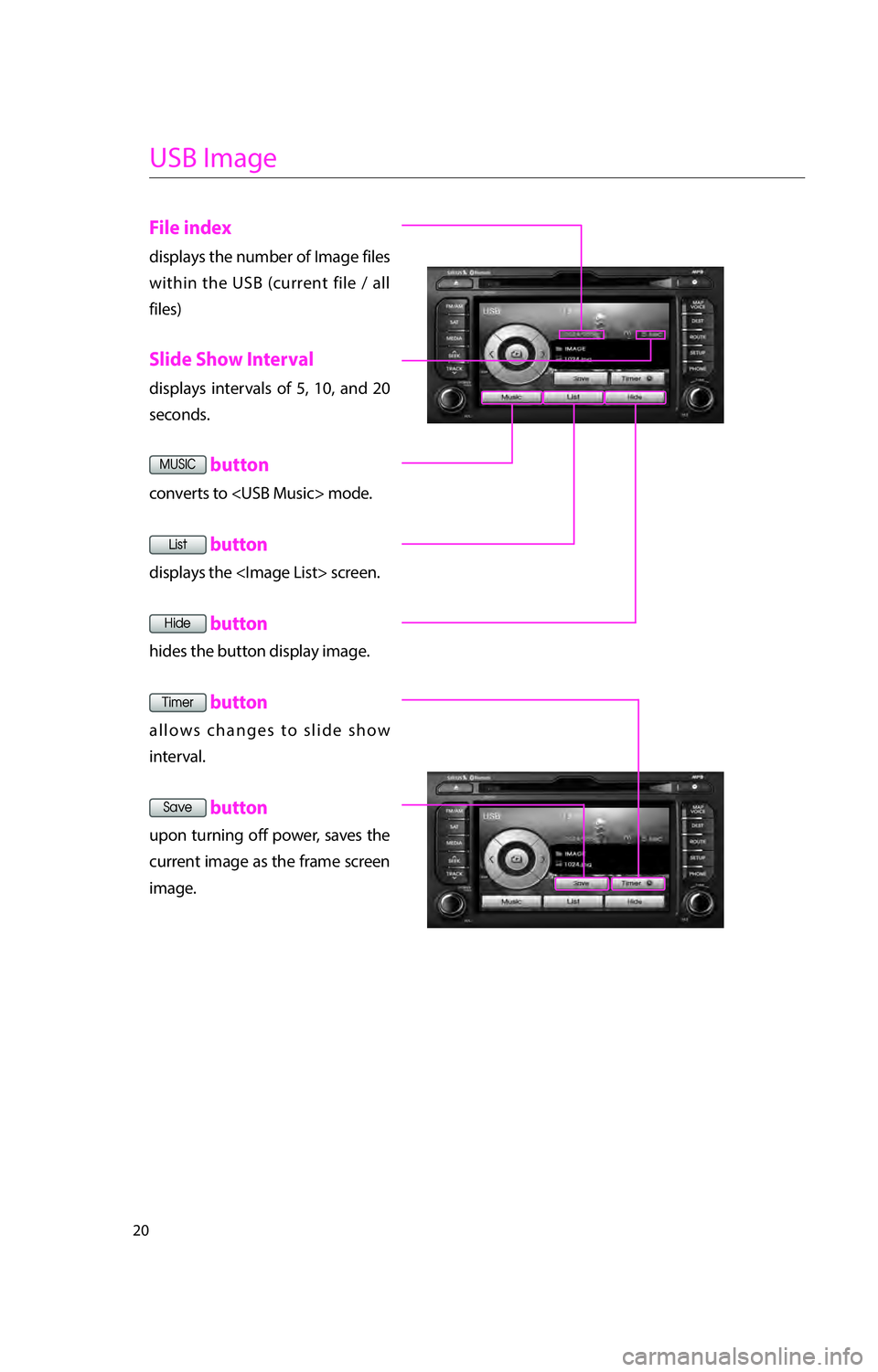 KIA RIO 2016  Navigation System Quick Reference Guide 20
USB Image
File index
displays the number of Image files 
within the USB (current file / all 
files)
Slide Show Interval
displays intervals of 5, 10, and 20 
seconds.
003000380036002C0026 button
con