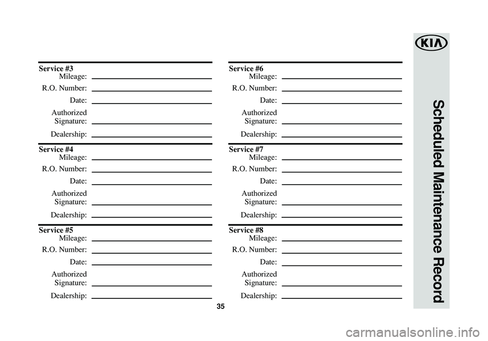 KIA RIO 2016 Warranty and Consumer Information Guide 35
Scheduled Maintenance Record
Service #3
Mileage:
R.O. Number:
Date:
Authorized
Signature:
Dealership:
Service #4
Mileage:
R.O. Number:
Date:
Authorized
Signature:
Dealership:
Service #5
Mileage:
R. KIA RIO 2016 Warranty and Consumer Information Guide 35
Scheduled Maintenance Record
Service #3
Mileage:
R.O. Number:
Date:
Authorized
Signature:
Dealership:
Service #4
Mileage:
R.O. Number:
Date:
Authorized
Signature:
Dealership:
Service #5
Mileage:
R.