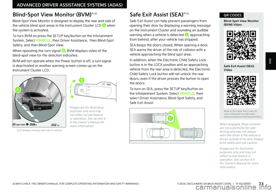 KIA EV6 2022 Features and Functions Guide 23†LEGAL DISCL AIMERS ON BACK INSIDE COVER | *IF EQUIPPEDALWAYS CHECK THE OWNER ’S MANUAL FOR COMPLETE OPER ATING INFORMATION AND SAFET Y WARNINGS. Blind-Spot View Monitor (BVM)*†4 Blind-Sp