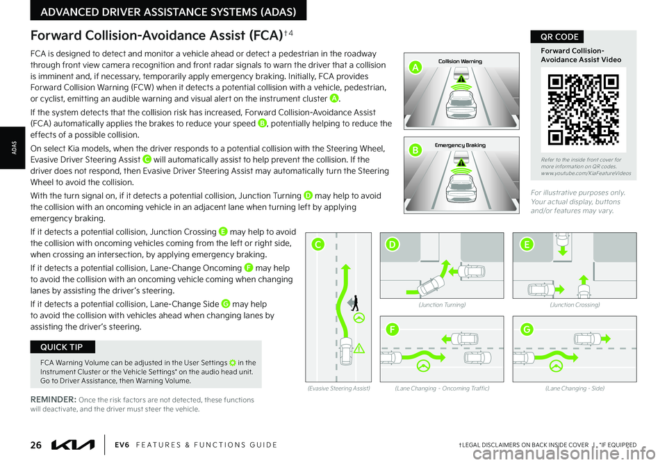 KIA EV6 2022  Features and Functions Guide Refer to the inside front cover for  more information on QR codes.www.youtube.com/KiaFeatureVideos
Forward Collision-Avoidance Assist Video
QR CODE
 
FCA Warning Volume can be adjusted in the User Set