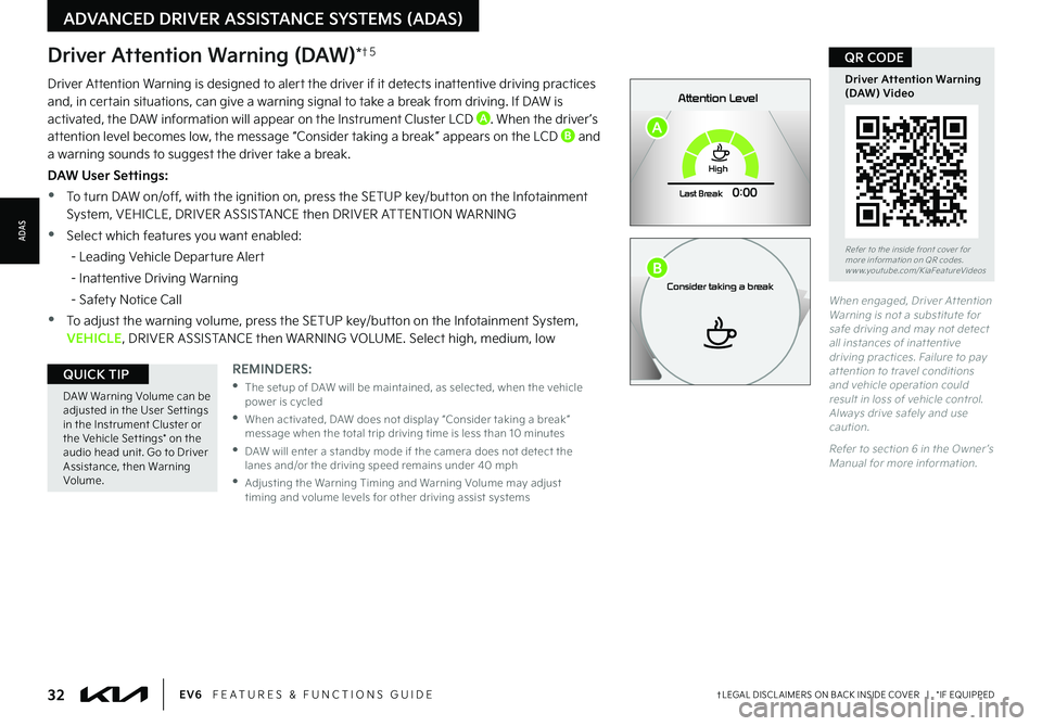 KIA EV6 2022  Features and Functions Guide 32†LEGAL DISCL AIMERS ON BACK INSIDE COVER   |   *IF EQUIPPEDEV6   FEATURES & FUNCTIONS GUIDE
Refer to the inside front cover for  more information on QR codes.www.youtube.com/KiaFeatureVideos
Drive