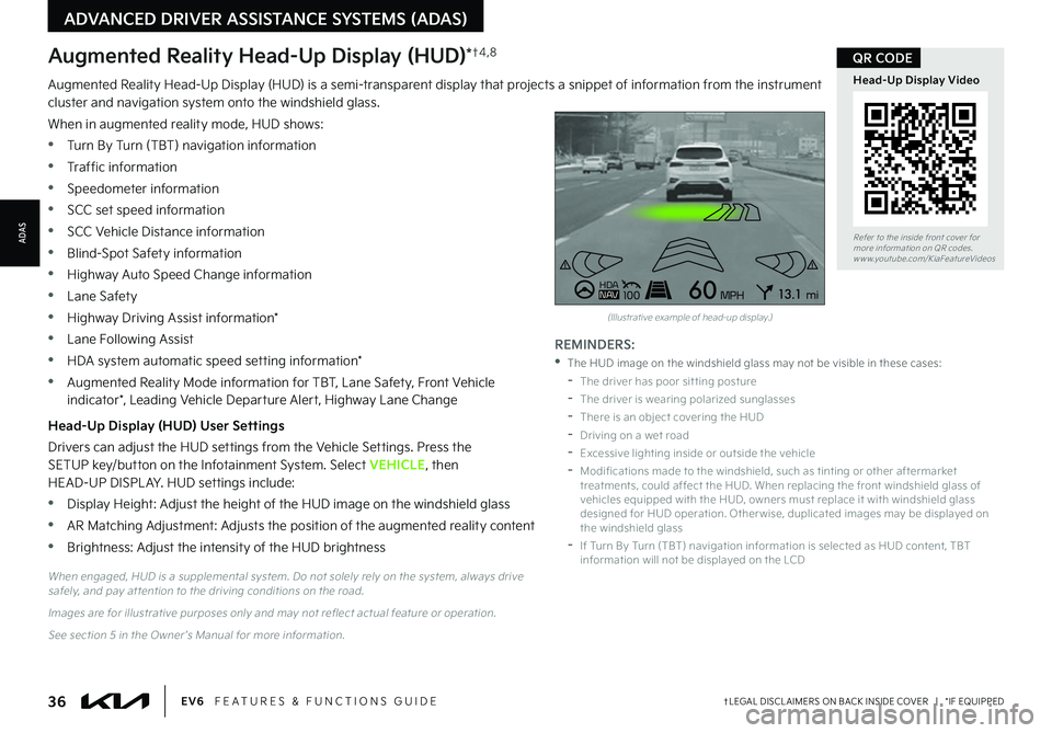 KIA EV6 2022 Features and Functions Guide 36†LEGAL DISCL AIMERS ON BACK INSIDE COVER | *IF EQUIPPEDEV6 FEATURES & FUNCTIONS GUIDE
Refer to the inside front cover for more information on QR codes.www.youtube.com/KiaFeatureVideos
Head- KIA EV6 2022 Features and Functions Guide 36†LEGAL DISCL AIMERS ON BACK INSIDE COVER | *IF EQUIPPEDEV6 FEATURES & FUNCTIONS GUIDE
Refer to the inside front cover for more information on QR codes.www.youtube.com/KiaFeatureVideos
Head-