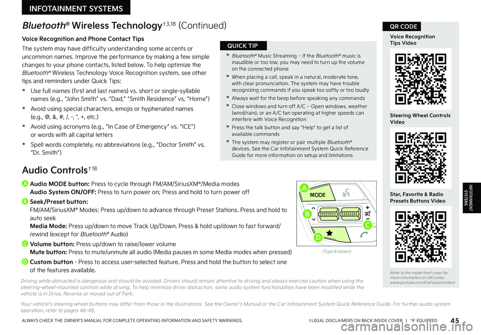 KIA EV6 2022 Features and Functions Guide 45†LEGAL DISCL AIMERS ON BACK INSIDE COVER | *IF EQUIPPEDALWAYS CHECK THE OWNER ’S MANUAL FOR COMPLETE OPER ATING INFORMATION AND SAFET Y WARNINGS.
Refer to the inside front cover for more i KIA EV6 2022 Features and Functions Guide 45†LEGAL DISCL AIMERS ON BACK INSIDE COVER | *IF EQUIPPEDALWAYS CHECK THE OWNER ’S MANUAL FOR COMPLETE OPER ATING INFORMATION AND SAFET Y WARNINGS.
Refer to the inside front cover for more i