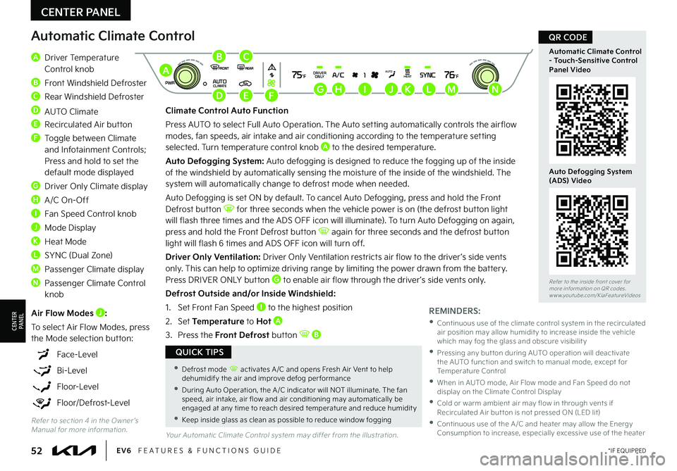 KIA EV6 2022 Features and Functions Guide 52*IF EQUIPPEDEV6 FEATURES & FUNCTIONS GUIDE
Refer to the inside front cover for more information on QR codes.www.youtube.com/KiaFeatureVideos
Automatic Climate Control - Touch-Sensitive Control Pa KIA EV6 2022 Features and Functions Guide 52*IF EQUIPPEDEV6 FEATURES & FUNCTIONS GUIDE
Refer to the inside front cover for more information on QR codes.www.youtube.com/KiaFeatureVideos
Automatic Climate Control - Touch-Sensitive Control Pa