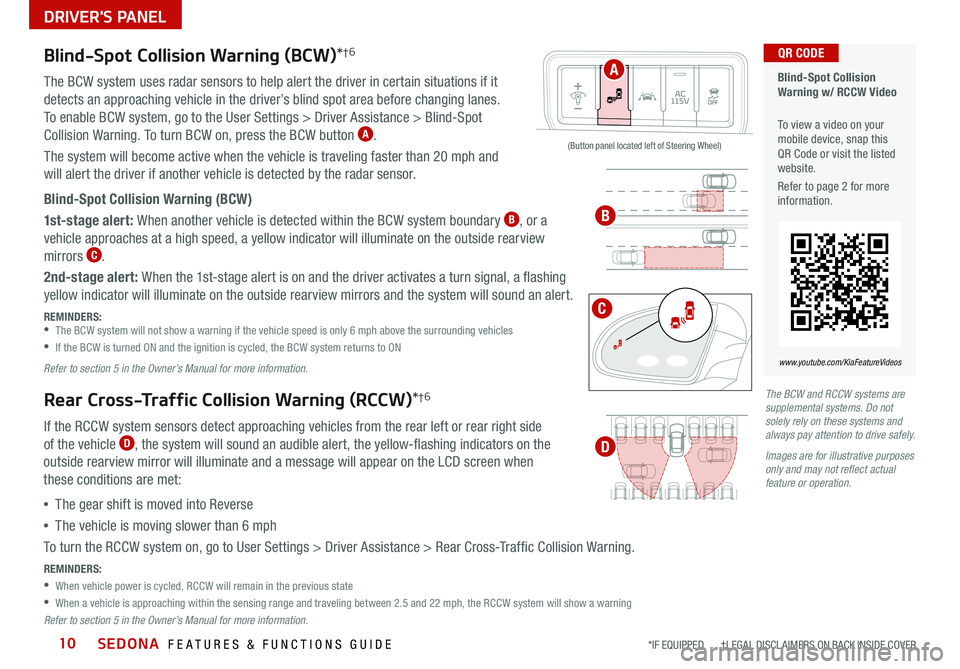KIA SEDONA 2021 Features and Functions Guide SEDONA FEATURES & FUNCTIONS GUIDE10
Blind-Spot Collision
Warning w/ RCCW Video
To view a video on your
mobile device, snap this
QR Code or visit the listed
website
Refer to page 2 for mor KIA SEDONA 2021 Features and Functions Guide SEDONA FEATURES & FUNCTIONS GUIDE10
Blind-Spot Collision
Warning w/ RCCW Video
To view a video on your
mobile device, snap this
QR Code or visit the listed
website
Refer to page 2 for mor