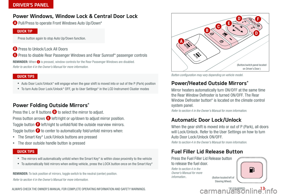 KIA SEDONA 2021 Features and Functions Guide 13ALWAYS CHECK THE OWNER’S MANUAL FOR COMPLETE OPER ATING INFORMATION AND SAFET Y WARNINGS *IF EQUIPPED
(Button located left of
Steering Wheel)
Power Windows, Window Lock & Central Door Lock
A P KIA SEDONA 2021 Features and Functions Guide 13ALWAYS CHECK THE OWNER’S MANUAL FOR COMPLETE OPER ATING INFORMATION AND SAFET Y WARNINGS *IF EQUIPPED
(Button located left of
Steering Wheel)
Power Windows, Window Lock & Central Door Lock
A P