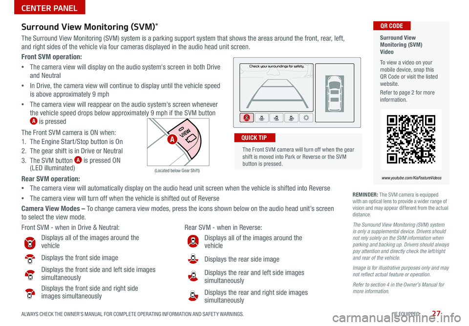 KIA SEDONA 2021 Features and Functions Guide 27ALWAYS CHECK THE OWNER’S MANUAL FOR COMPLETE OPER ATING INFORMATION AND SAFET Y WARNINGS *IF EQUIPPED
Front SVM operation:
• The camera view will display on the audio system's screen KIA SEDONA 2021 Features and Functions Guide 27ALWAYS CHECK THE OWNER’S MANUAL FOR COMPLETE OPER ATING INFORMATION AND SAFET Y WARNINGS *IF EQUIPPED
Front SVM operation:
• The camera view will display on the audio system's screen