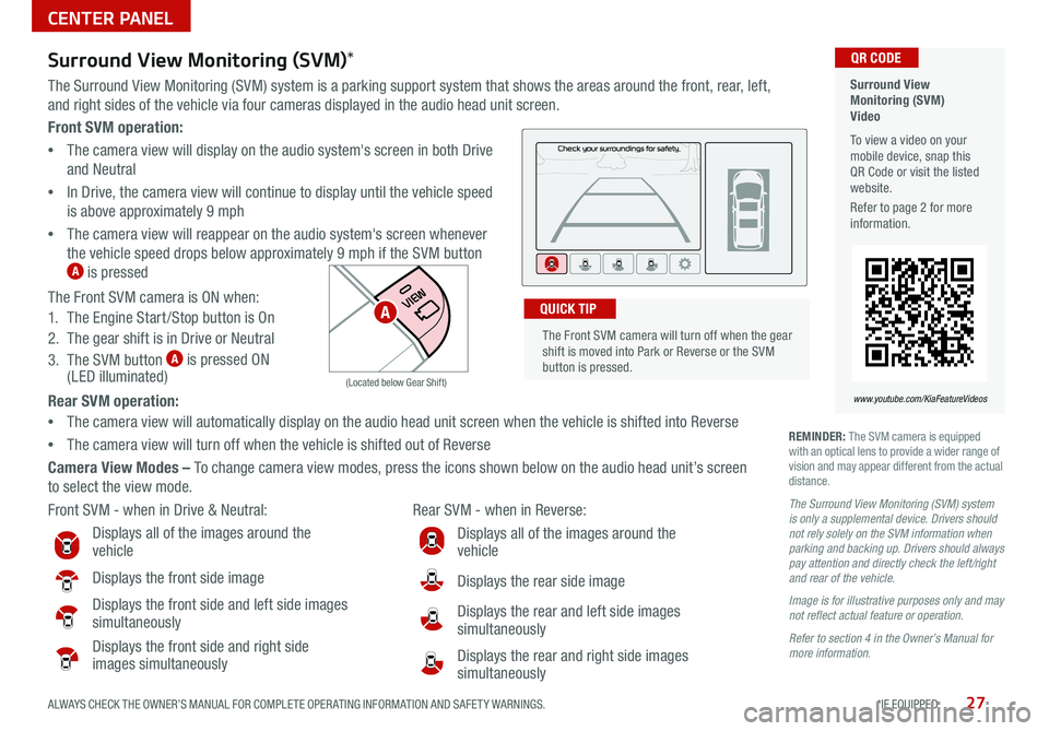KIA SEDONA 2021  Features and Functions Guide 27ALWAYS CHECK THE OWNER’S MANUAL FOR COMPLETE OPER ATING INFORMATION AND SAFET Y WARNINGS   *IF EQUIPPED
 
Front SVM operation: 
 
• The camera view will display on the audio system's screen 