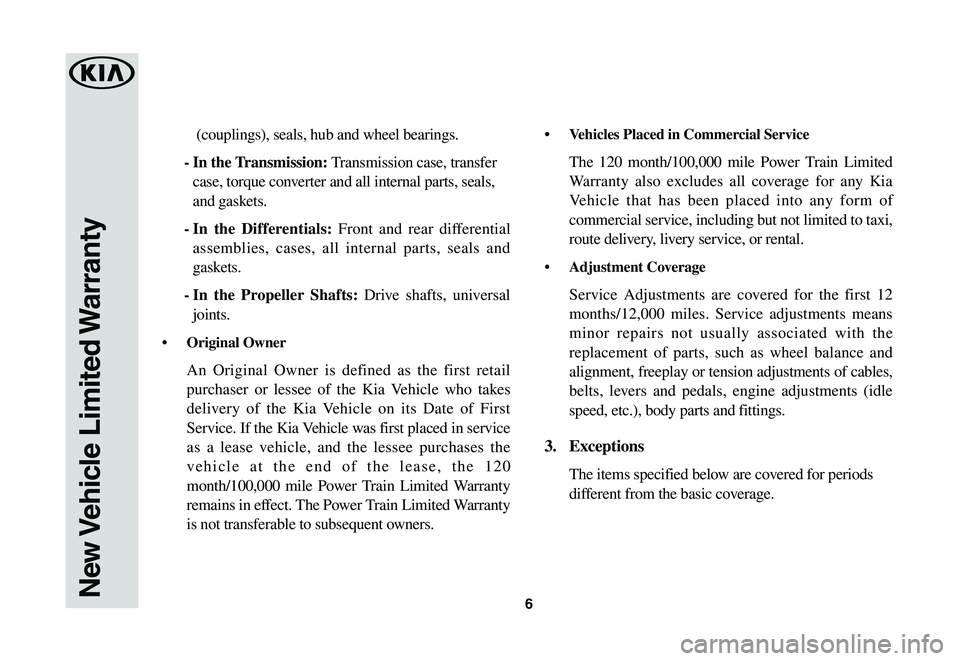 KIA SEDONA 2021  Warranty and Consumer Information Guide 6
(couplings), seals, hub and wheel bearings.
-   In the Transmission: Transmission case, transfer 
case, torque converter and all internal parts, seals, 
and gaskets.
-     In  the  Differentials: Fr