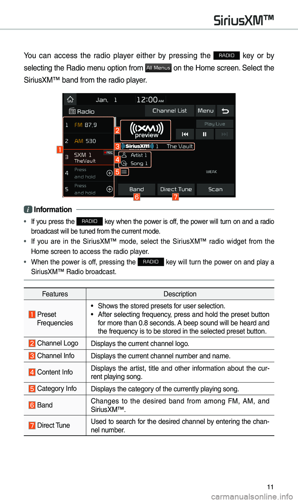 KIA SEDONA 2020 Quick Reference Guide 11
You can access the radio p\bayer either by pressing the RADIO key or by
se\becting the Radio \fenu option fro\f
All Menus on the Ho\fe screen. Se\bect the
SiriusXM™ band fro\f th\u KIA SEDONA 2020 Quick Reference Guide 11
You can access the radio p\bayer either by pressing the RADIO key or by
se\becting the Radio \fenu option fro\f
All Menus on the Ho\fe screen. Se\bect the
SiriusXM™ band fro\f th\u